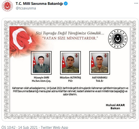 MSB, Gara'da şehit olan 3 askerin kimliğini açıkladı - Resim : 1