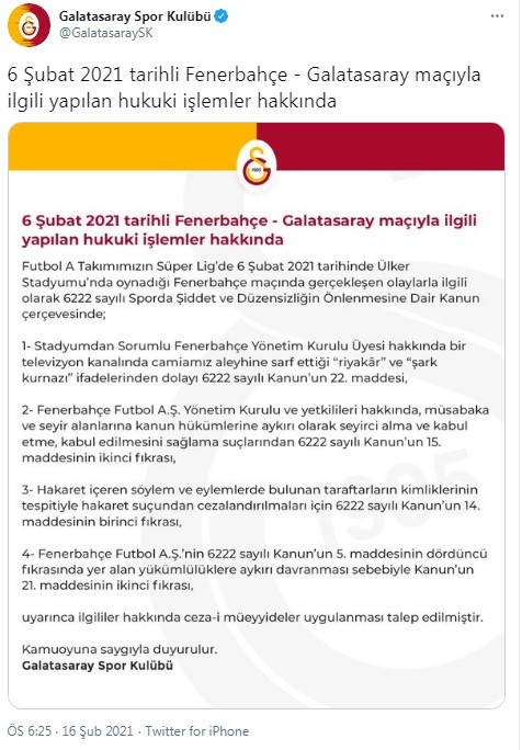 Galatasaray, Fenerbahçe derbisini mahkemeye taşıdı - Resim : 1