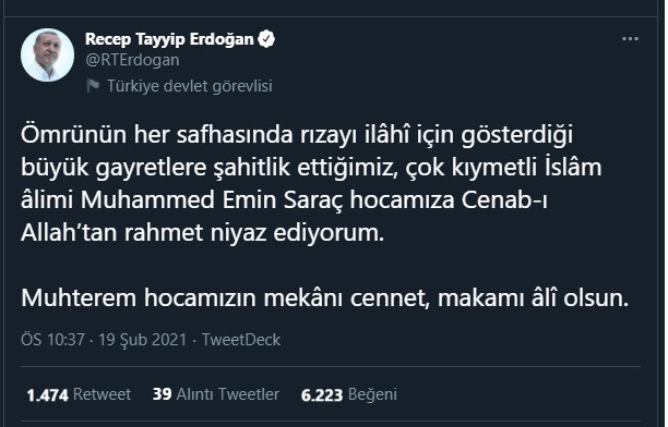 Erdoğan'dan Muhammed Emin Saraç için taziye mesajı - Resim : 1