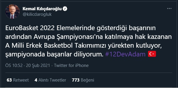 Kılıçdaroğlu'ndan A Milli Basketbol takımına mesaj - Resim : 1