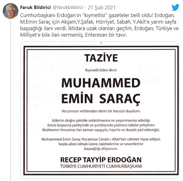 Faruk Bildirici: Erdoğan'ın 'kıymetlisi' gazeteler belli oldu - Resim : 1