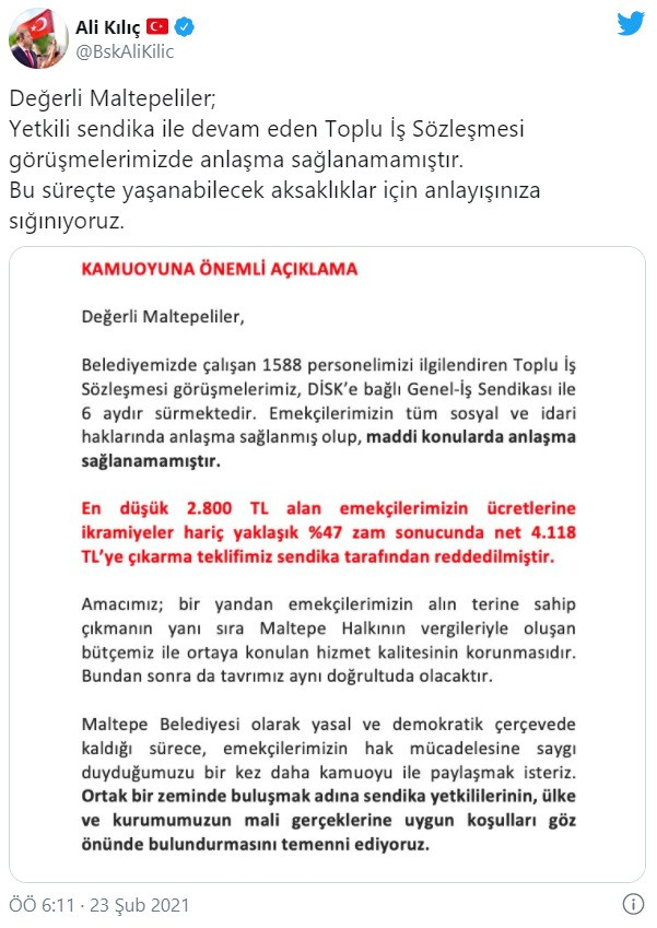 Maltepe Belediye Başkanı Kılıç'tan 'grev' açıklaması: Net 4 bin 118 lira teklifimiz reddedildi - Resim : 1