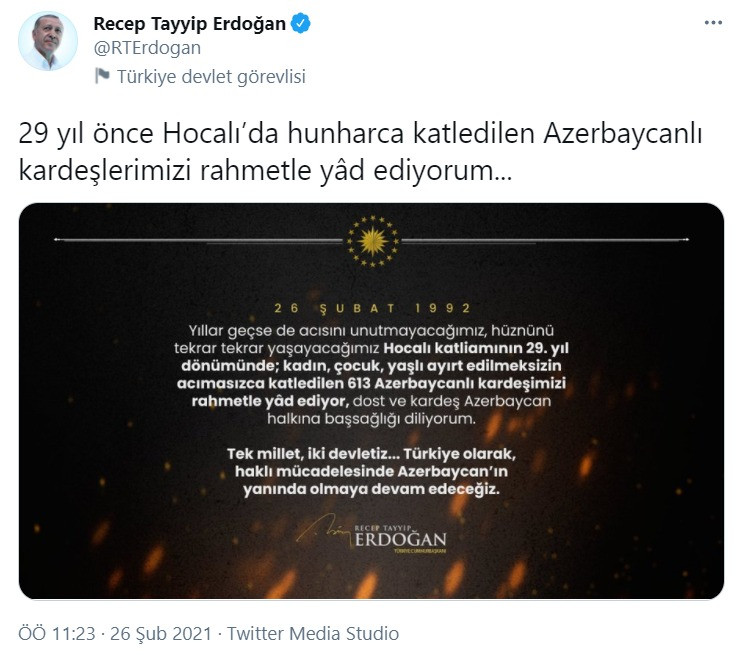Erdoğan'dan Hocalı katliamı mesajı - Resim : 1