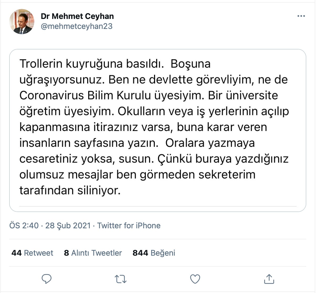 Prof. Dr. Mehmet Ceyhan isyan etti: Trollerin kuyruğuna basıldı, boşuna uğraşıyorsunuz - Resim : 1