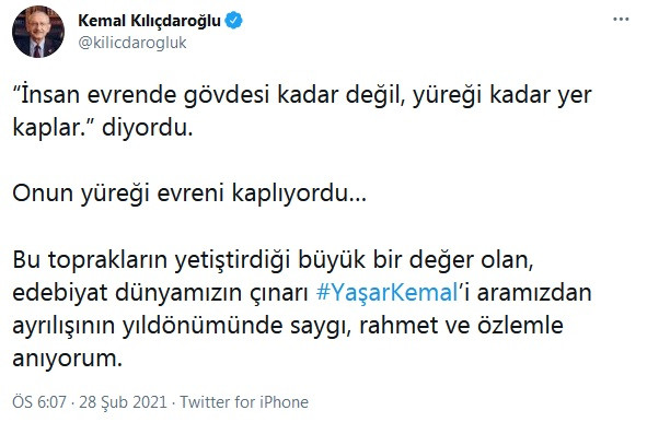 Kılıçdaroğlu'ndan Yaşar Kemal paylaşımı - Resim : 1