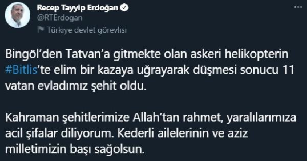 Erdoğan'dan Bitlis şehitleri için başsağlığı mesajı - Resim : 1