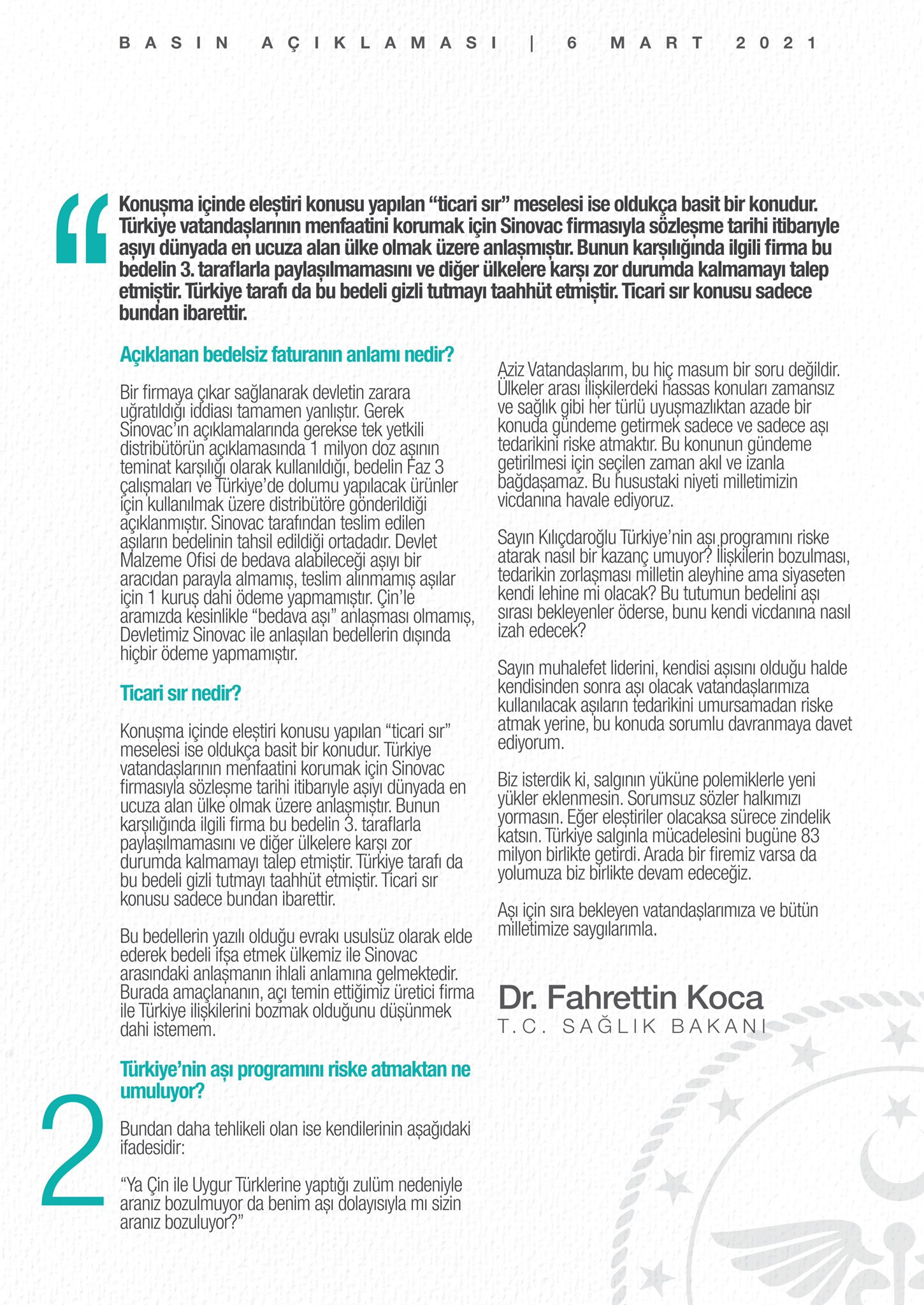Fahrettin Koca: Kılıçdaroğlu aşı programını riske sokarak nasıl bir kazanç umuyor? - Resim : 2