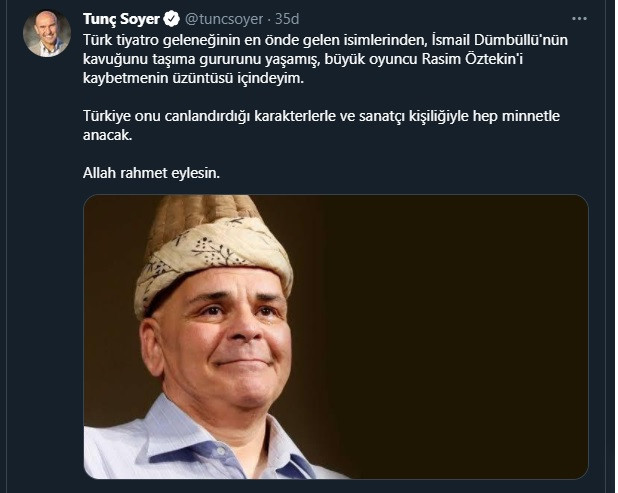 Tunç Soyer'den Rasim Öztekin mesajı: Türkiye onu hep minnetle anacak... - Resim : 1