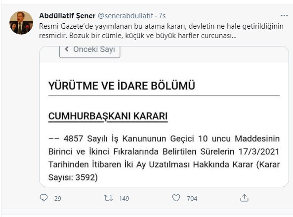 Abdüllatif Şener'den Resmi Gazete tepkisi: Bozuk bir cümle... - Resim : 1