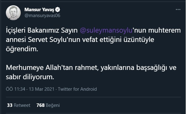 Mansur Yavaş'tan Süleyman Soylu'ya başsağlığı mesajı - Resim : 1