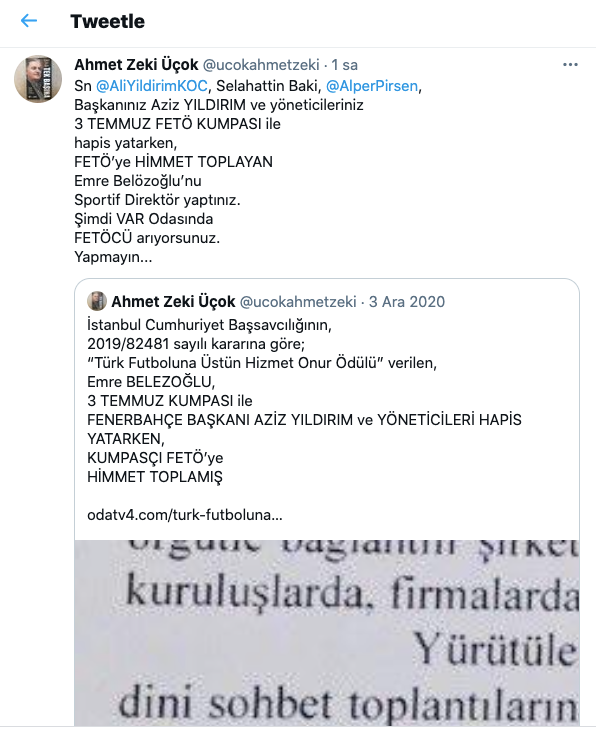 Emekli Albay Zeki Üçok'tan Fenerbahçe'ye çok sert sözler: FETÖ'ye himmet toplayan Emre Belözoğlu'nu... - Resim : 1