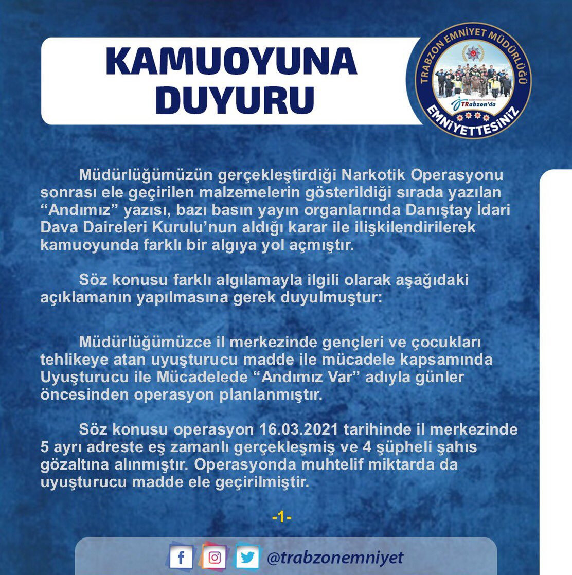 Trabzon Emniyet Müdürlüğü: Danıştay kararı için yazmadık, tesadüf olmuş - Resim : 1