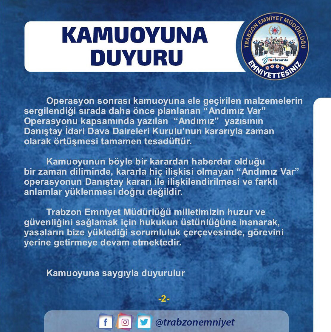 Trabzon Emniyet Müdürlüğü: Danıştay kararı için yazmadık, tesadüf olmuş - Resim : 2