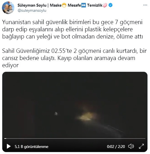 Süleyman Soylu paylaştı! Yunanistan 7 göçmeni ellerini plastik kelepçelere bağlayıp ölüme attı - Resim : 1