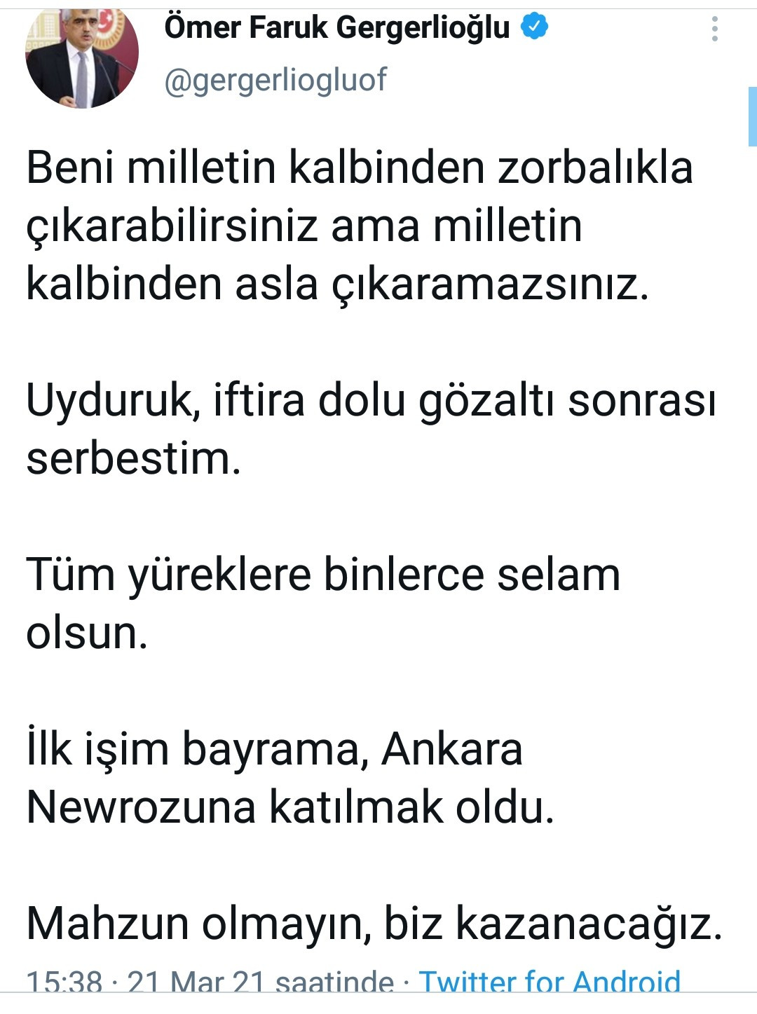 Ömer Faruk Gergerlioğlu'ndan yeni paylaşım: 'Uyduruk, iftira dolu gözaltı sonrası serbestim' - Resim : 1