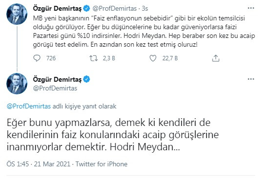 Özgür Demirtaş'tan MB'nin yeni Başkanı Kavcıoğlu'na: Faizi pazartesi günü yüzde 10 indirsin, hodri meydan! - Resim : 1