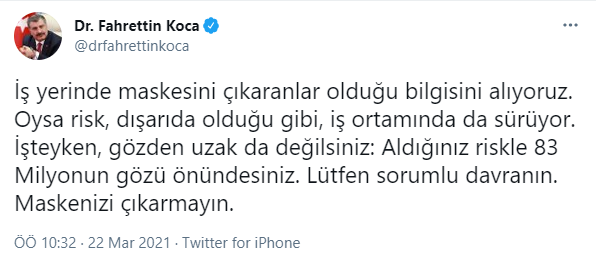 Fahrettin Koca: İş yerinde maskesini çıkaranlar olduğu bilgisini alıyoruz - Resim : 1