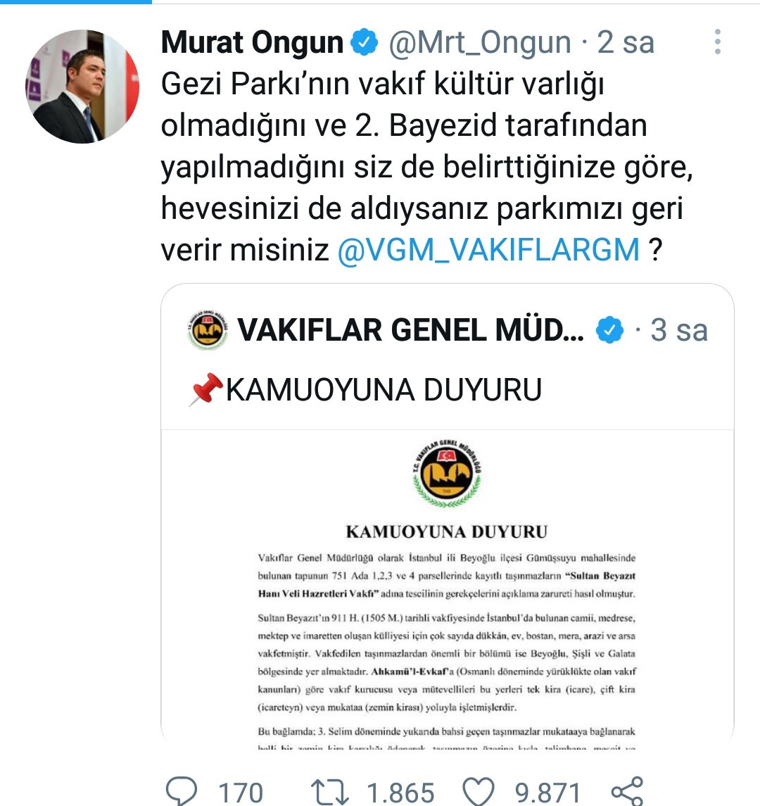 Murat Ongun'dan Vakıflar Genel Müdürlüğü'ne: 'Hevesinizi de aldıysanız parkımızı geri verir misiniz?' - Resim : 1