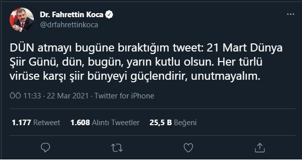 Fahrettin Koca tweet attı, Fatih Altaylı Koca'ya şiir yazdı - Resim : 1