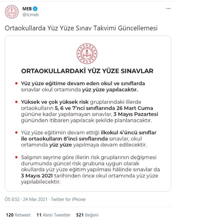 Ortaokullarda yüz yüze sınav takvimi güncellendi - Resim : 1