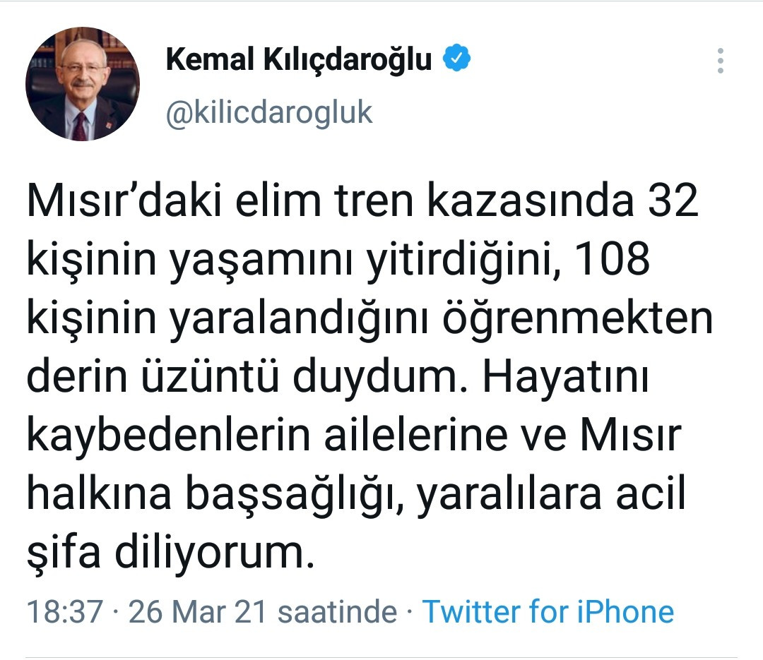 Kılıçdaroğlu'ndan Mısır'daki tren kazasında yaşamını yitirenler için başsağlığı - Resim : 1