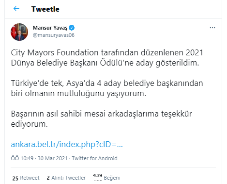 Mansur Yavaş, 2021 Dünya Belediye Başkanı Ödülü'ne aday gösterildi - Resim : 1