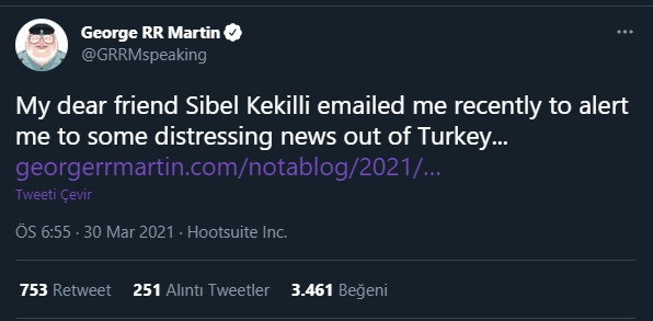 George R.R. Martin'den İstanbul Sözleşmesi paylaşımı: Arkadaşım Sibel Kekilli bana bir mesaj attı... - Resim : 1