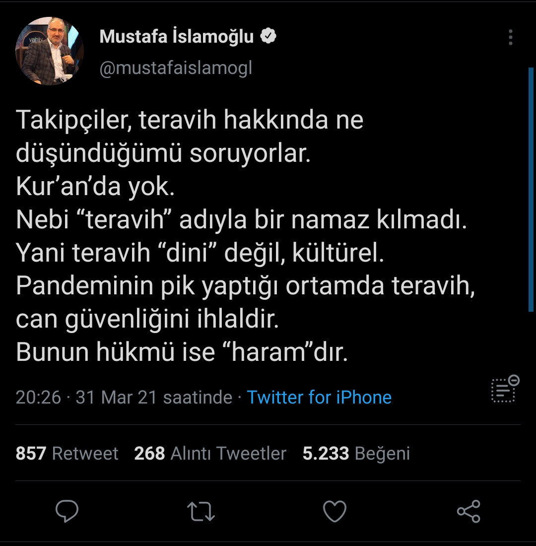 İlahiyatçı Mustafa İslamoğlu'ndan olay fetva: Teravih kılmak haramdır! - Resim : 1