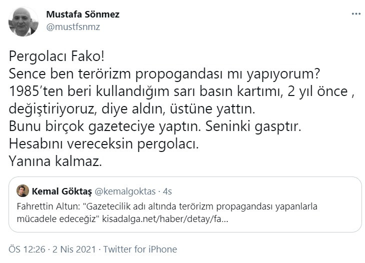 Mustafa Sönmez'den Fahrettin Altun'a: Seninki gasptır, hesabını vereceksin pergolacı - Resim : 1