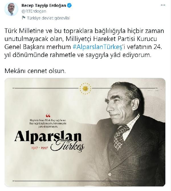 Erdoğan'dan Alparslan Türkeş paylaşımı - Resim : 1