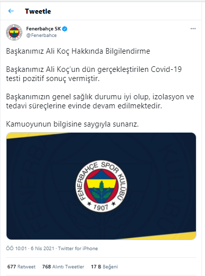 Fenerbahçe Başkanı Ali Koç koronavirüse yakalandı - Resim : 1