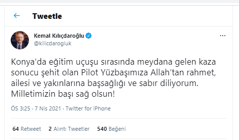 Kemal Kılıçdaroğlu'ndan Konya'da şehit olan pilot için taziye mesajı - Resim : 1
