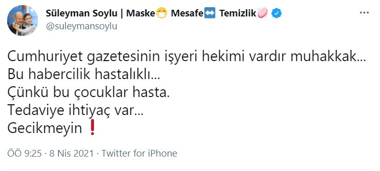 Süleyman Soylu'dan Cumhuriyet gazetesine saldırgan sözler: Bu habercilik hastalıklı, çünkü bu çocuklar hasta - Resim : 1