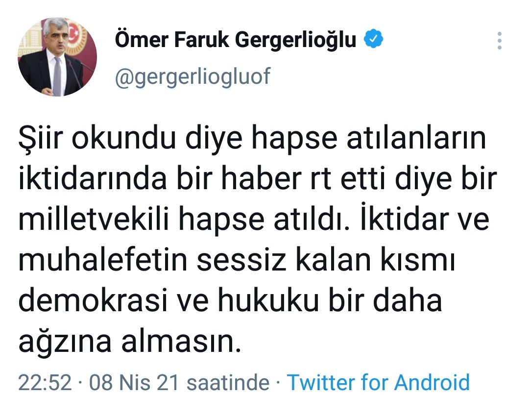 Tutuklu bulunan HDP'li Ömer Faruk Gergerlioğlu: 'İktidar ve muhalefetin sessiz kalan kısmı demokrasiyi ağzına almasın' - Resim : 1