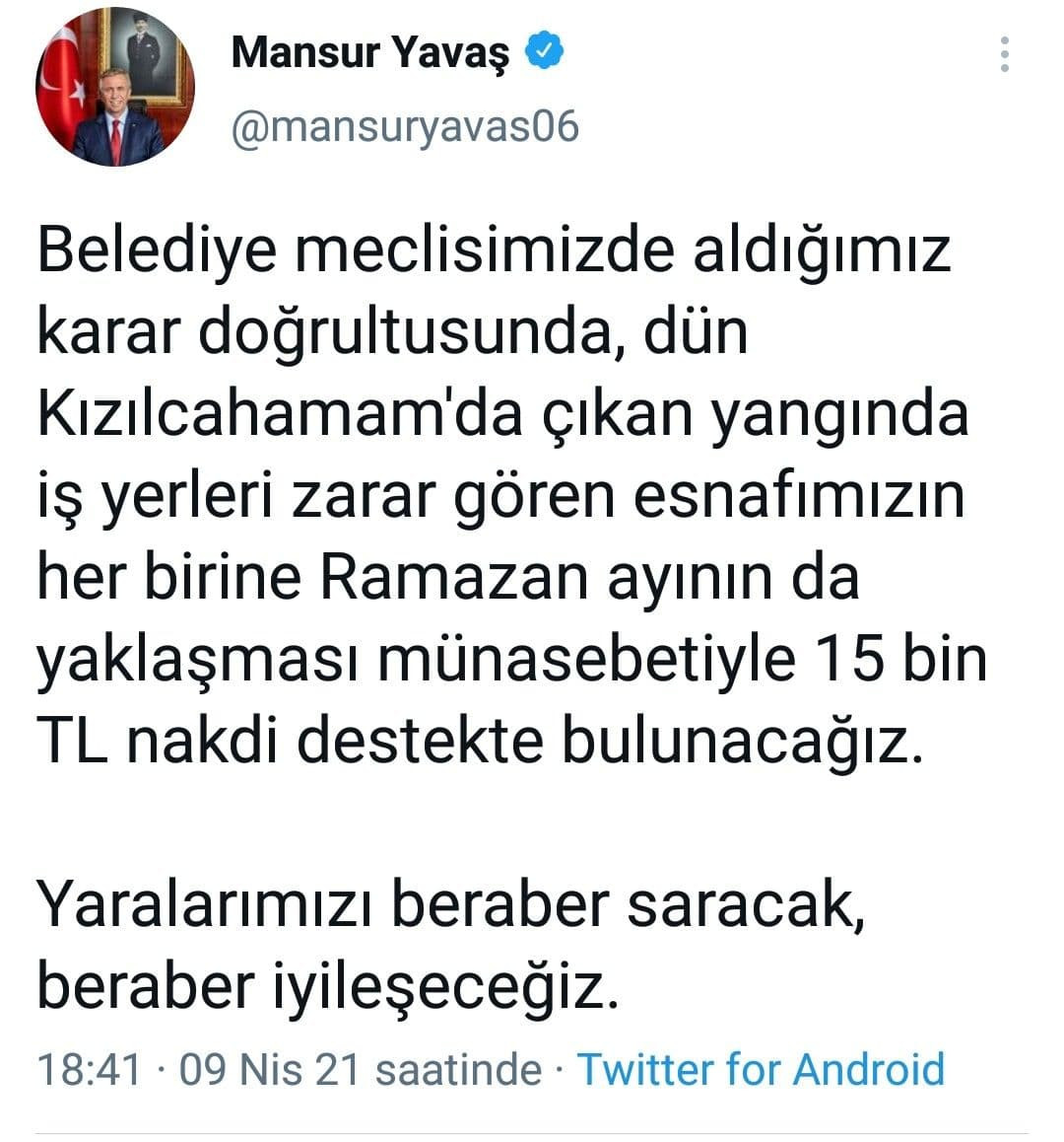 Mansur Yavaş açıkladı: Kızılcahamam'daki yangında iş yeri zarar gören yurttaşlara maddi destek - Resim : 1