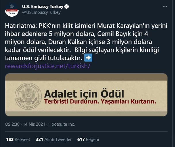 ABD Ankara Büyükelçiliği'nden dikkat çeken PKK paylaşımı - Resim : 1