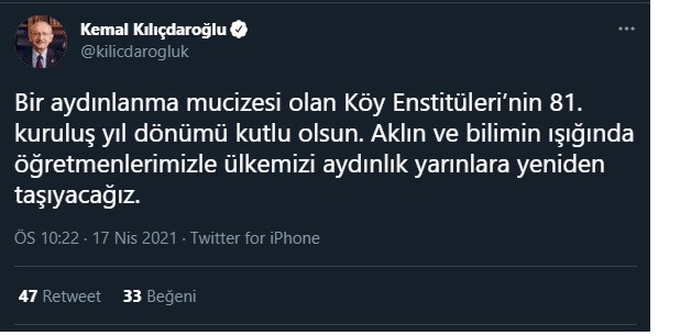 Kılıçdaroğlu'ndan 'Köy Enstütileri' tweeti - Resim : 1