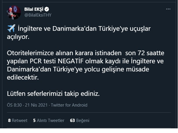 THY Genel Müdürü duyurdu: İngiltere ve Danimarka'dan Türkiye'ye uçuşlar açılıyor - Resim : 1