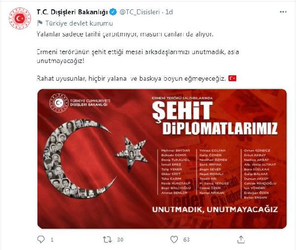 Dışişleri Bakanlığı: Ermeni terörünün şehit ettiği mesai arkadaşlarımızı unutmadık, asla unutmayacağız - Resim : 1