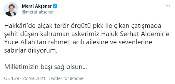 Akşener'den şehit Haluk Serhat Aldemir için taziye mesajı - Resim : 1