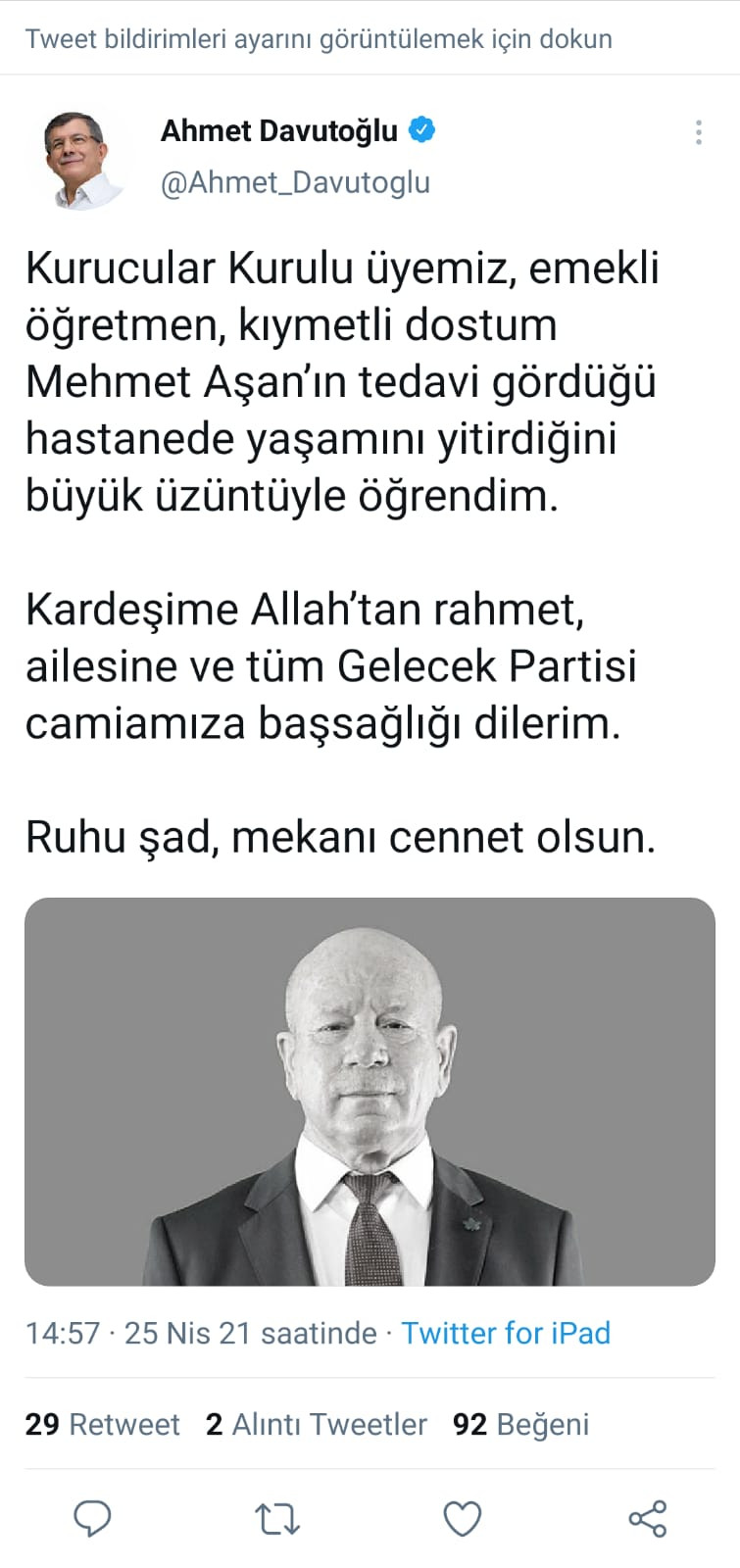 Acı haberi Davutoğlu paylaştı! Gelecek Partisi'ni yıkan ölüm - Resim : 1