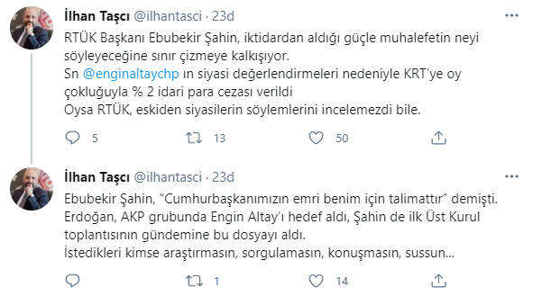 İlhan Taşcı'dan RTÜK Başkanı Şahin'e: İktidardan aldığı güçle muhalefetin neyi söyleyeceğine sınır çizmeye kalkışıyor - Resim : 1