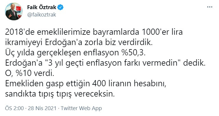Öztrak’tan Erdoğan’a ikramiye tepkisi: Emekliden gasp ettiğin 400 liranın hesabını, sandıkta vereceksin - Resim : 1