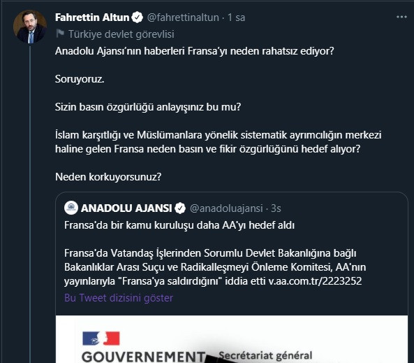 Fransa AA'yı hedef aldı, Fahrettin Altun böyle tepki gösterdi! - Resim : 1