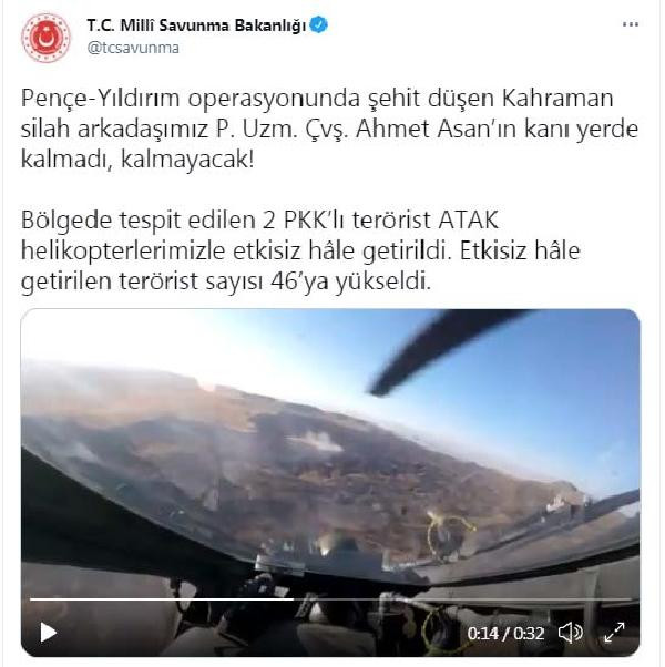 Milli Savunma Bakanlığı: Şehit Uzman Çavuş Asan'ın kanı yerde kalmadı, 2 PKK'lı etkisiz hale getirildi - Resim : 1