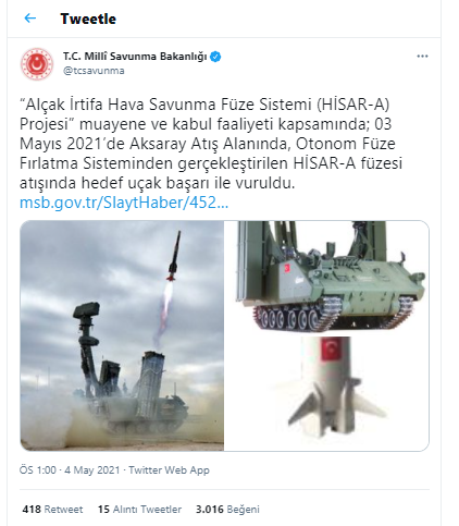 Milli Savunma Bakanlığı: HİSAR-A füzesi, hedef uçağı başarıyla vurdu - Resim : 1