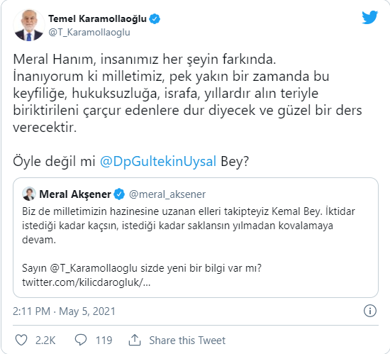 Millet İttifakı liderlerinden tweet zinciri: Karamollaoğlu'ndan Akşener'e 128 milyar dolar yanıtı - Resim : 1
