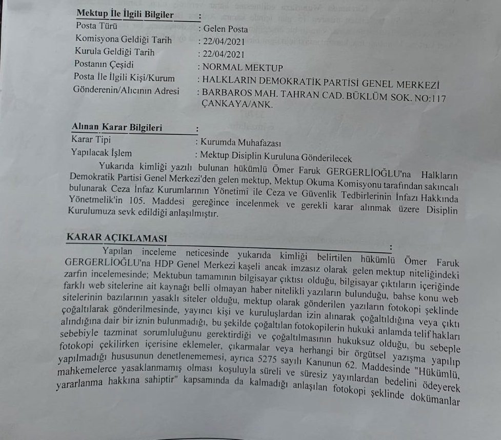 HDP’nin Ömer Faruk Gergerlioğlu’na gönderdiği mektup 'sakıncalı' bulundu - Resim : 2