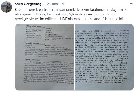 HDP’nin Ömer Faruk Gergerlioğlu’na gönderdiği mektup 'sakıncalı' bulundu - Resim : 1