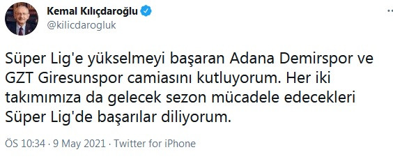 Kılıçdaroğlu'ndan Adana Demirspor ve Giresunspor'a tebrik mesajı - Resim : 2